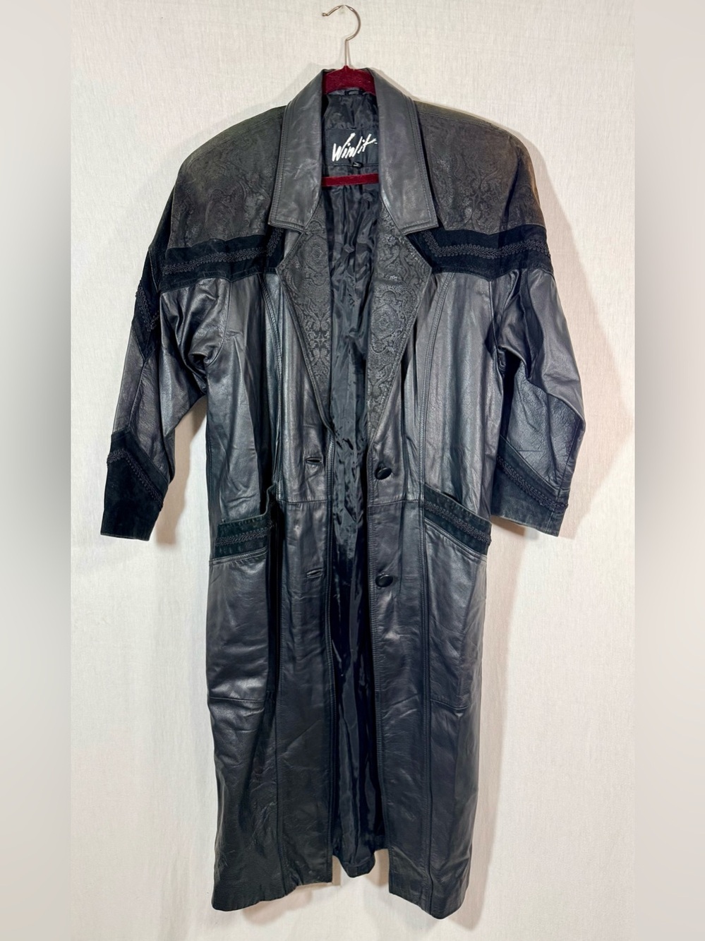 Winlet M true vintage 80’s Black genuine 100% Leather Long Coat with details